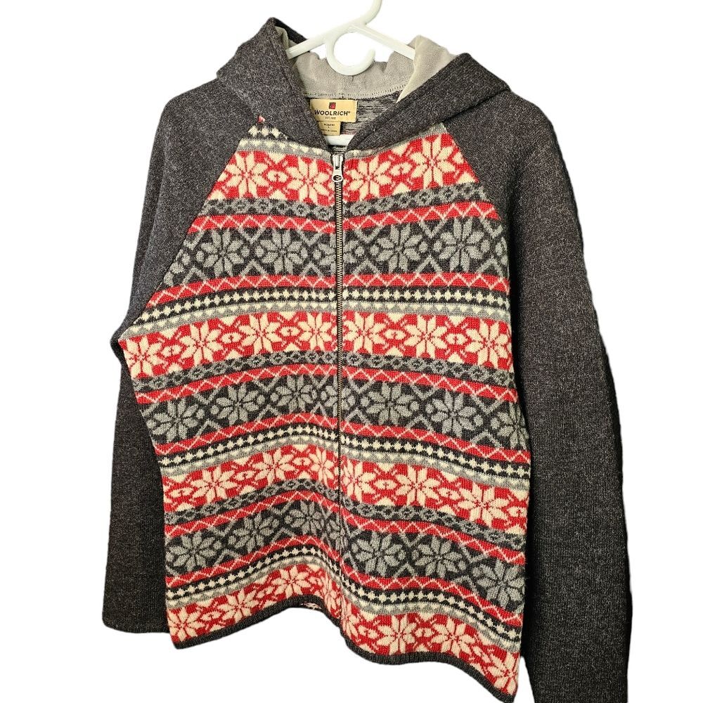 Woolrich Fair Isle Snow Full Zip Wool Black Red Cream Hooded Sweater Size L